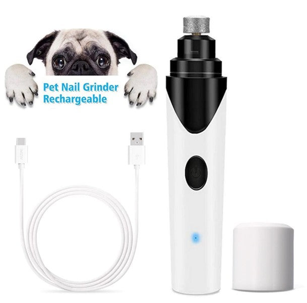 Dog nail trimmer displayed with USB charge cable