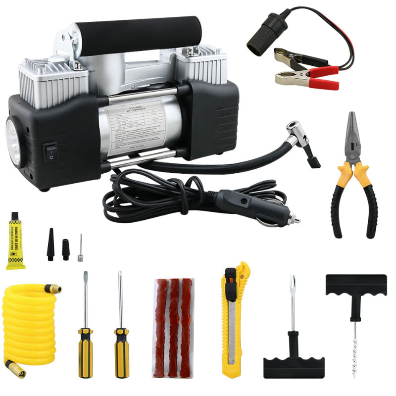 Side angle of portable 12V air compressor pump in black