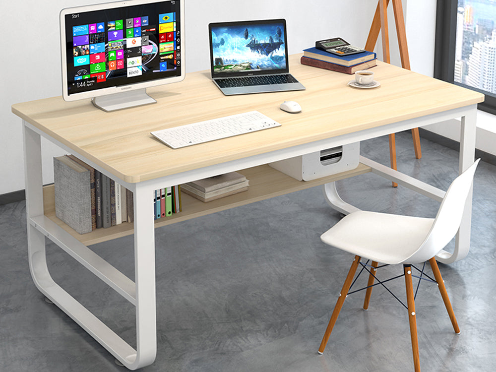 Angle of computer desk table highlighting sturdy metal frame