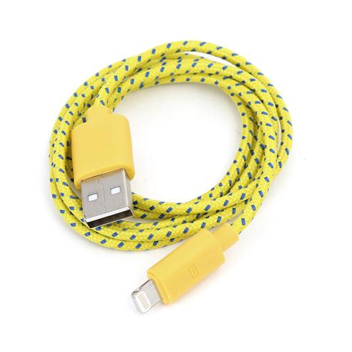 Flexible fabric cord on iPhone charger cable in yellow