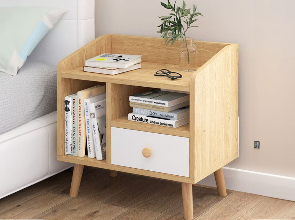 Top view of bedside table with drawer and raised edge design