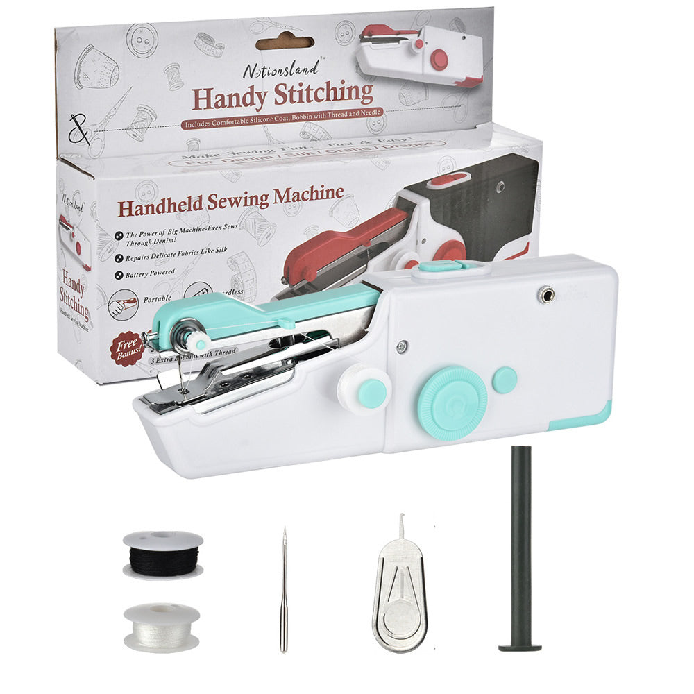 Handheld sewing machine with power adaptor plugged in