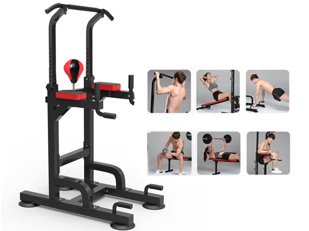 Full view of chin up pull up station power tower in home gym setup