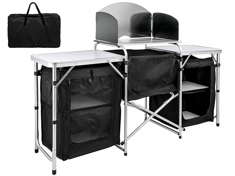 Camping kitchen in brown colour ready for picnic use