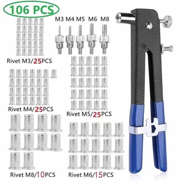 Nut Rivet Tool kit components including tool