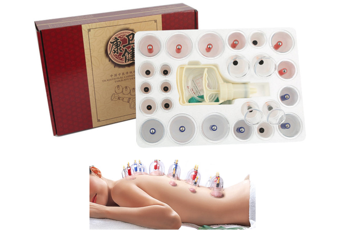 Vacuum cupping set cups placed on skin for back massage use