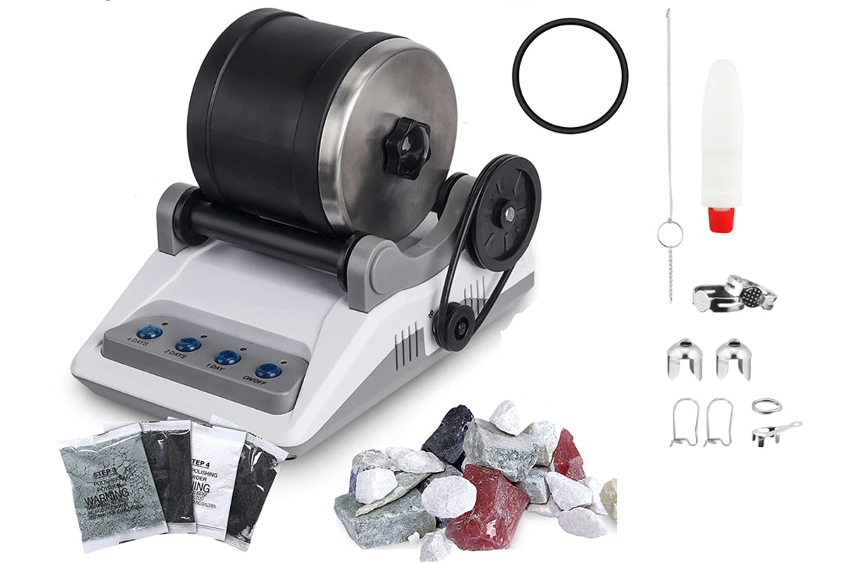 Rock tumbler kit showing quiet operation design