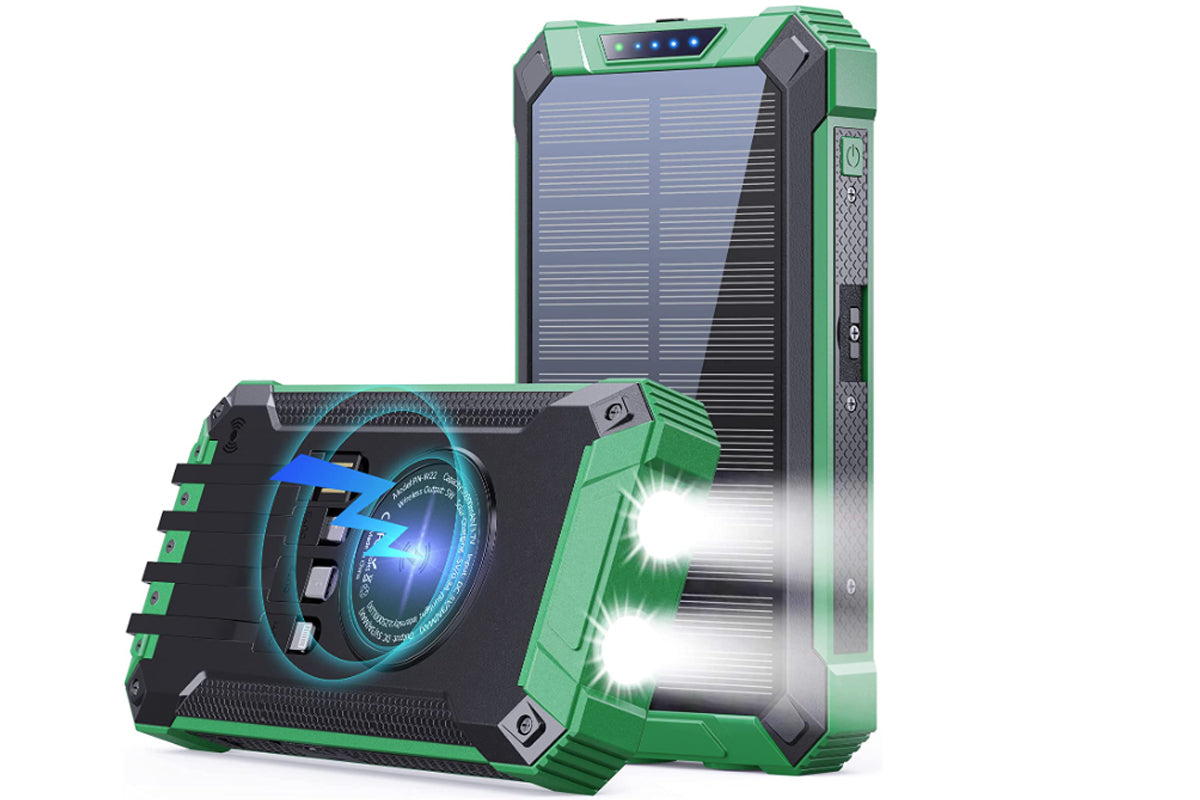 Solar power bank resting on a table showing compact portable size