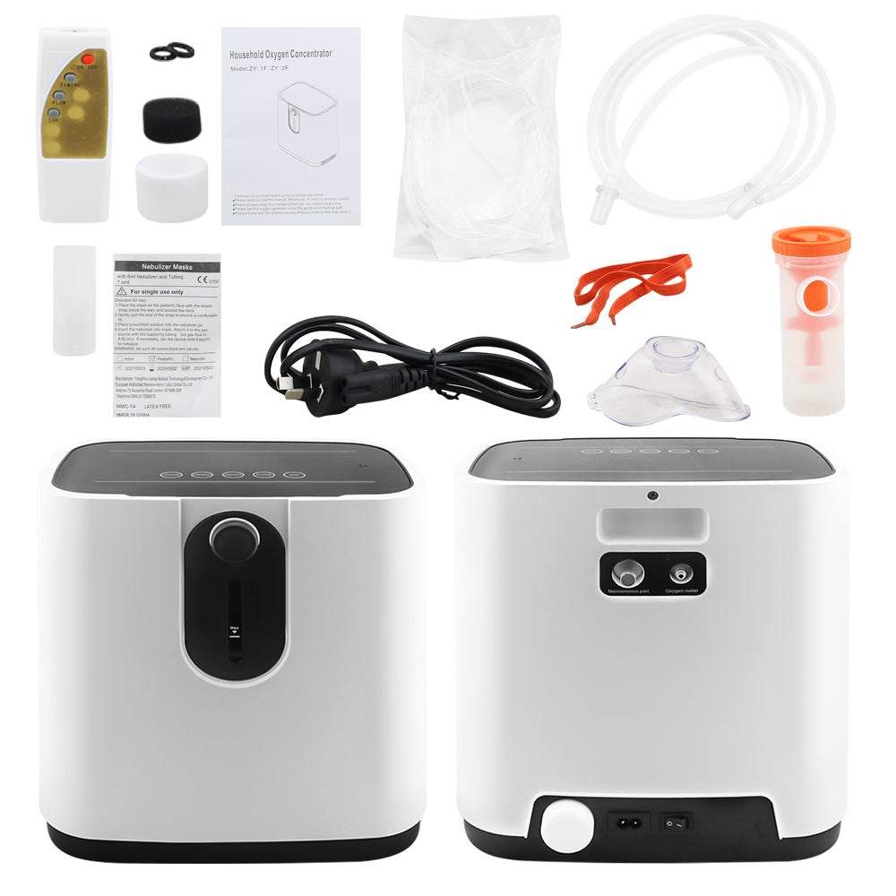 Oxygen generator showing power input and quiet operation features