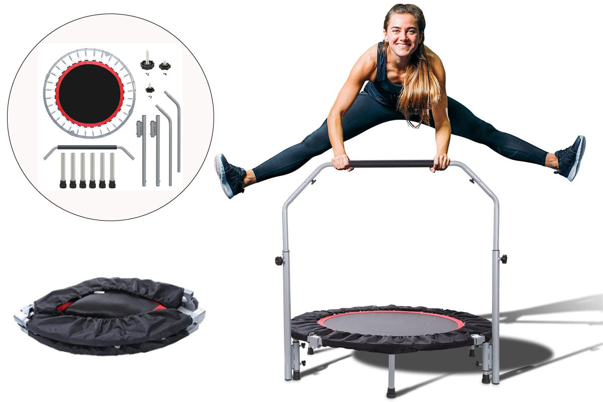 Exercise rebounder in garden setting with black frame