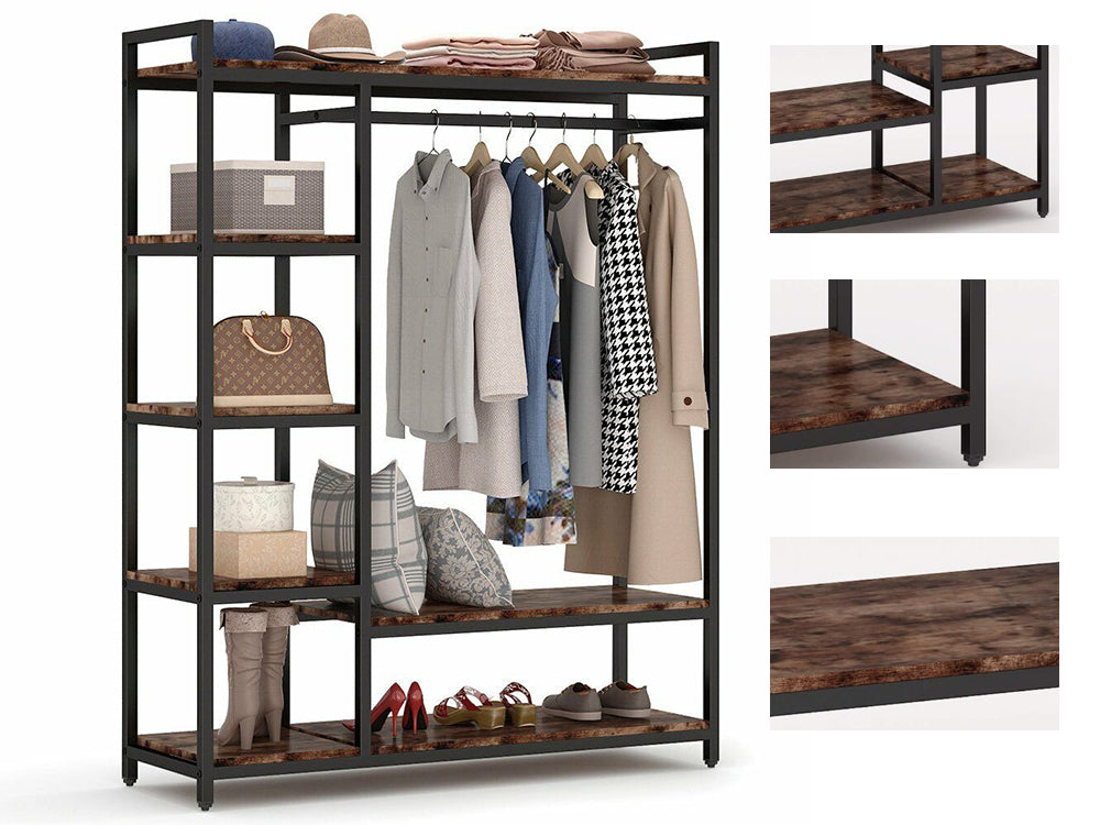 Wardrobe organizer clothes rack with folded garments on shelves