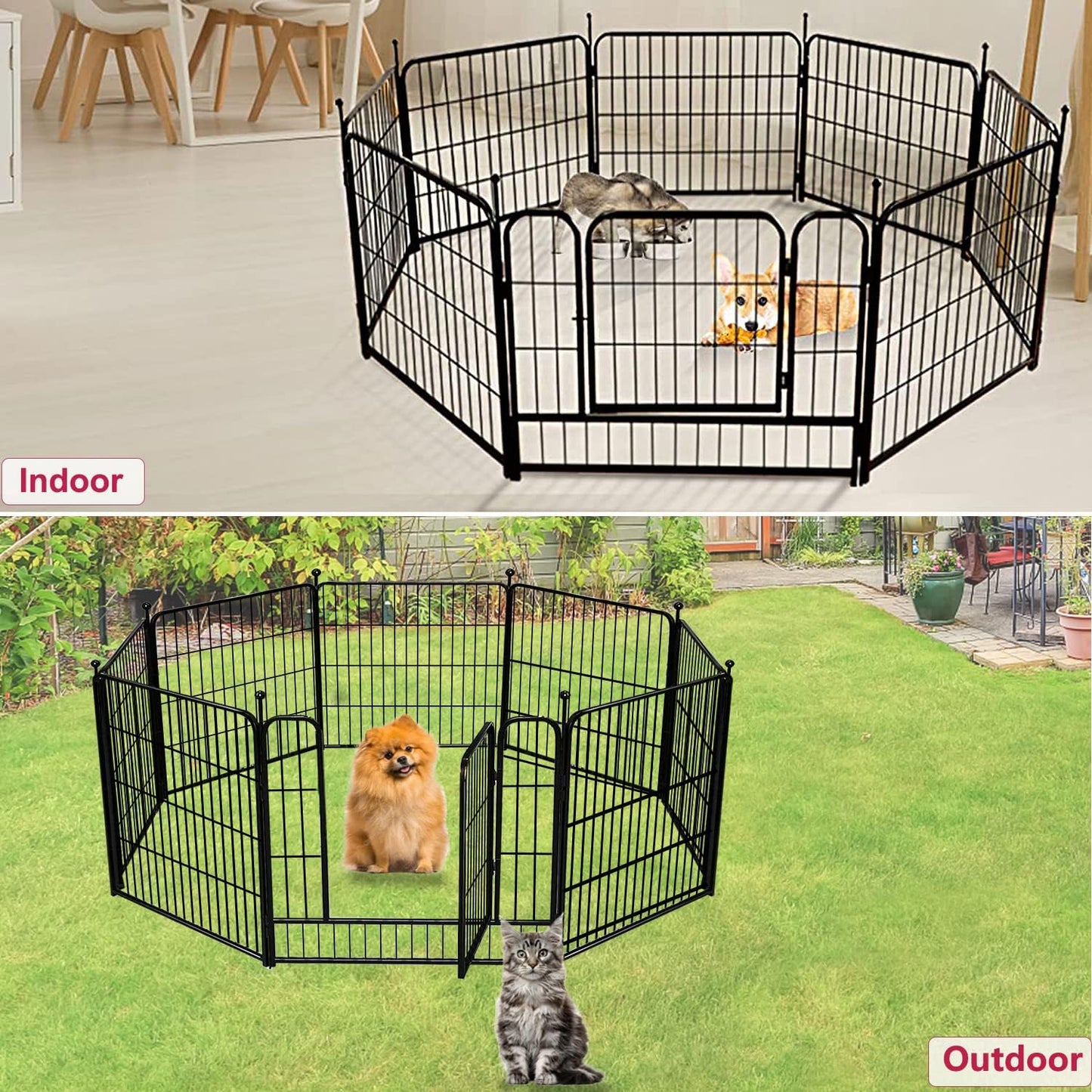 Outdoor setup of dog playpen on grass with panels secured