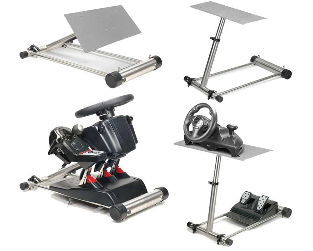Gaming wheel stand for driving simulator highlighting pedal and wheel support