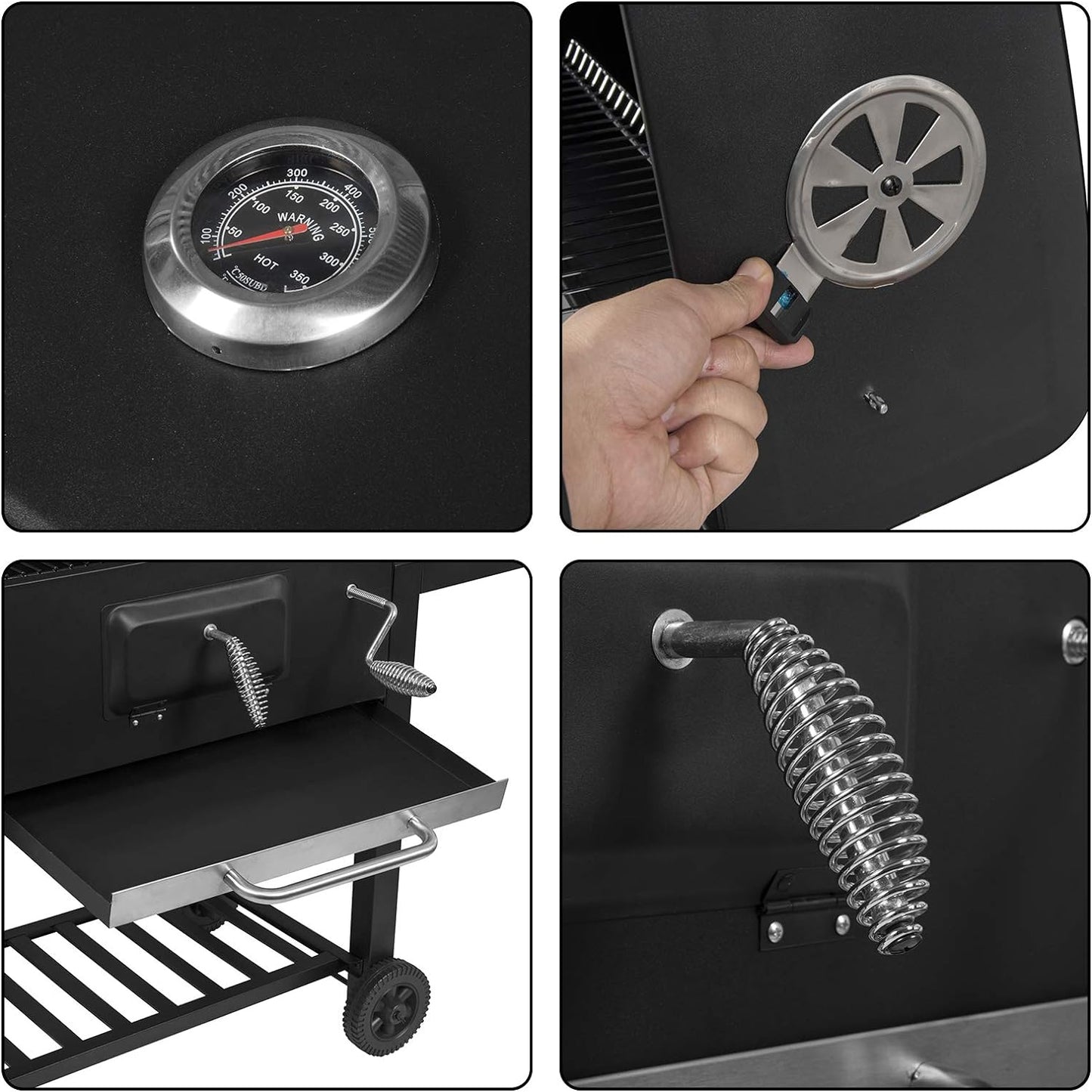 Foldable side shelf with hooks on charcoal BBQ grill