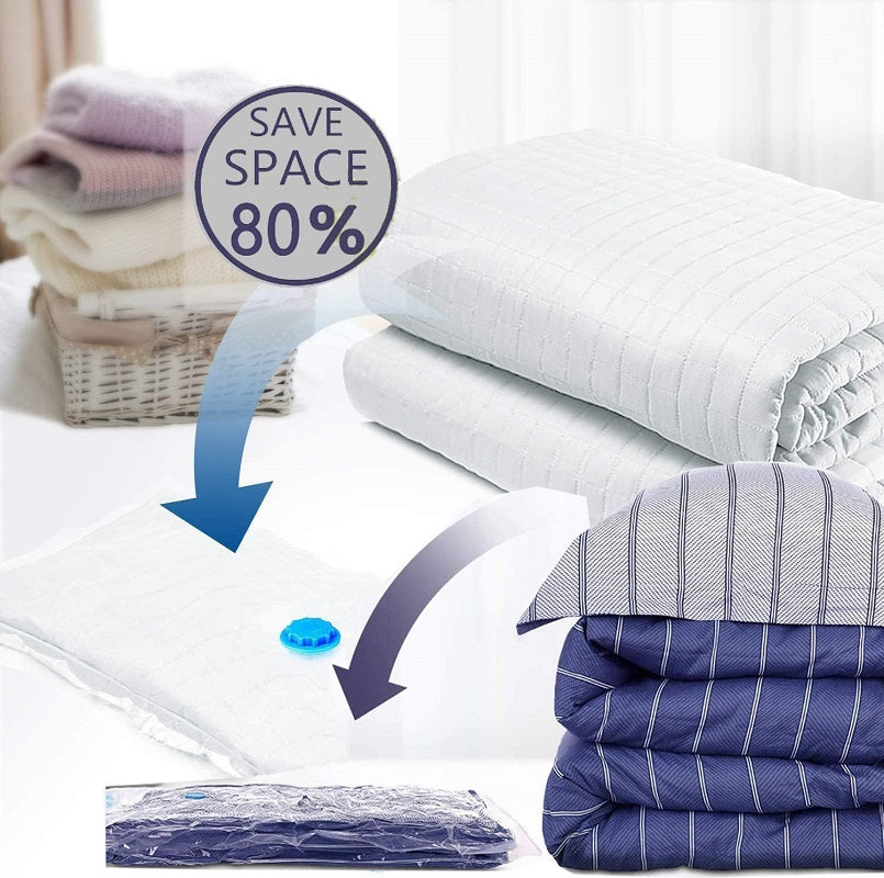 Transparent vacuum storage bag showing stored duvets inside