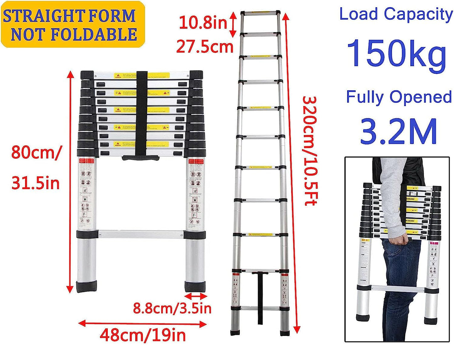 Telescopic ladder 32m aluminium lightweight design at 18kg