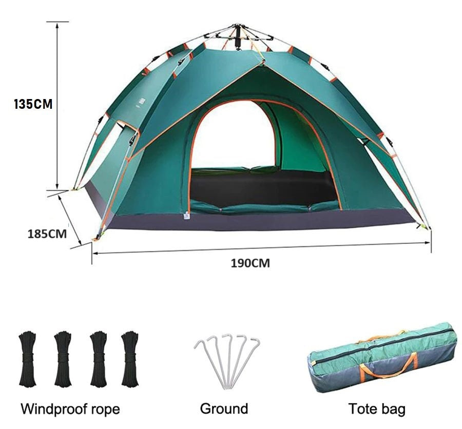 Pop up camping tent showing water resistant nylon fabric