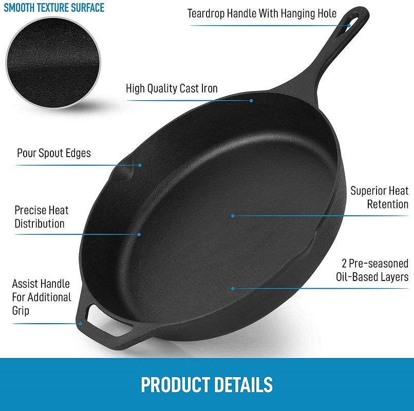 Cast iron frying pan skillet handle grip detail in black