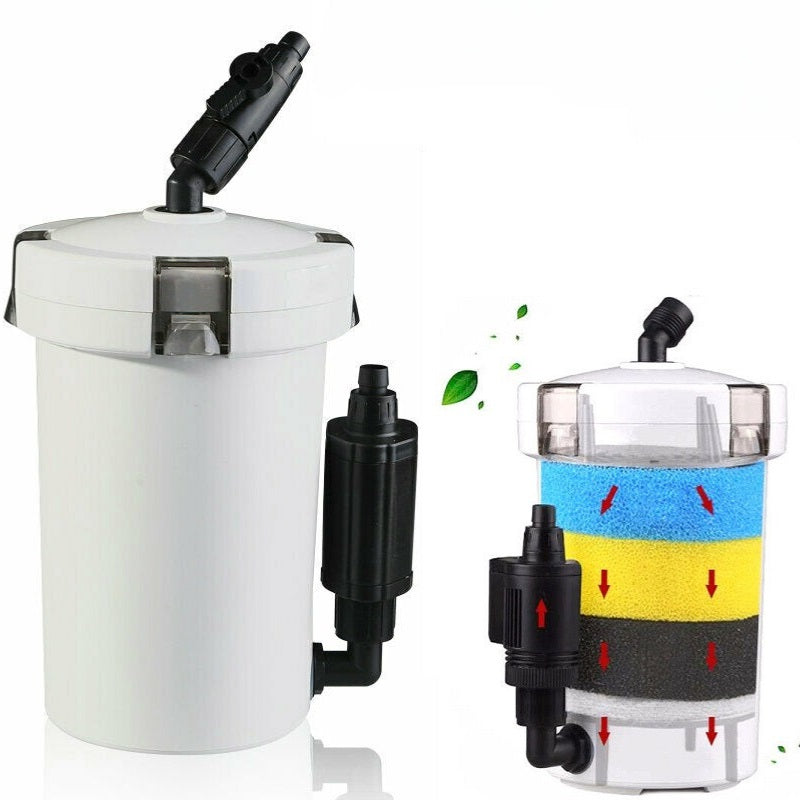 Aquarium filter external canister showing strong suction cups at base