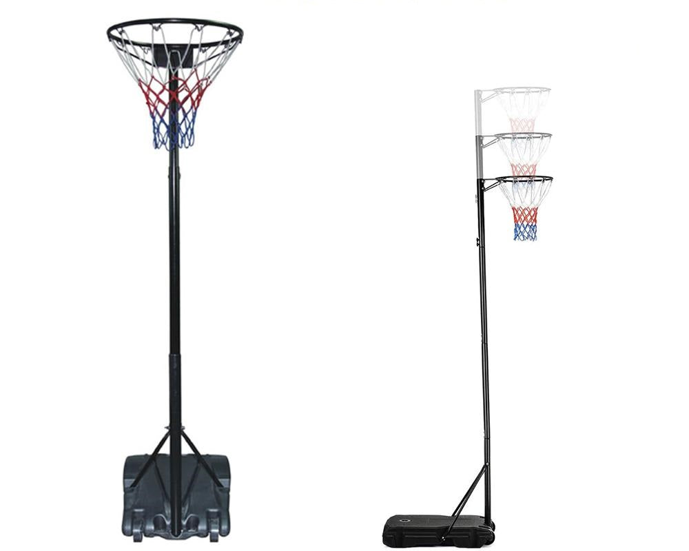 Netball hoop and stand set showing three height positions