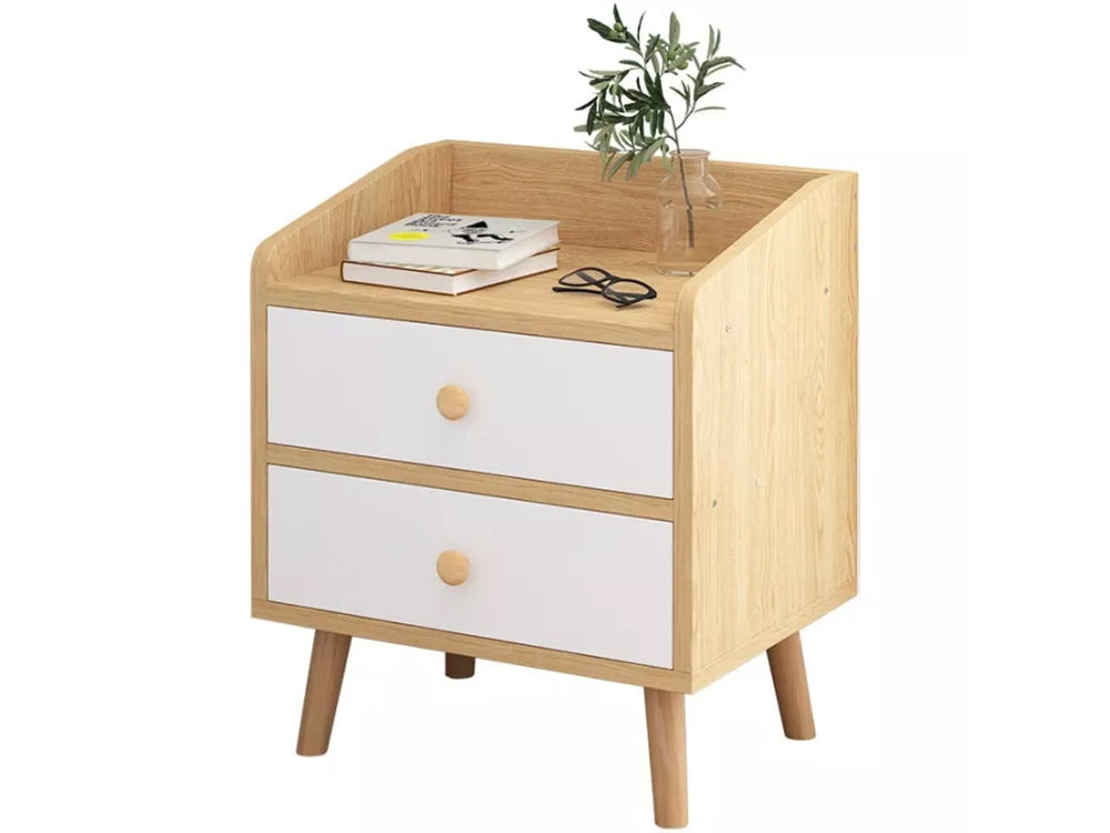 Top view of brown bedside table showing open storage area