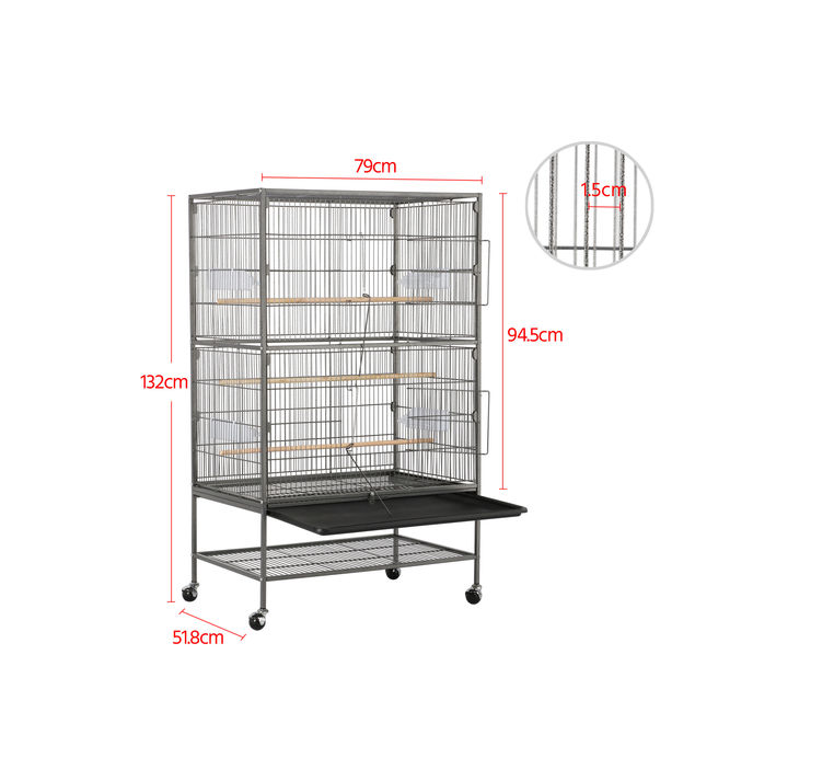 Bird cage parrot aviary perch carrier tray pulled out for cleaning