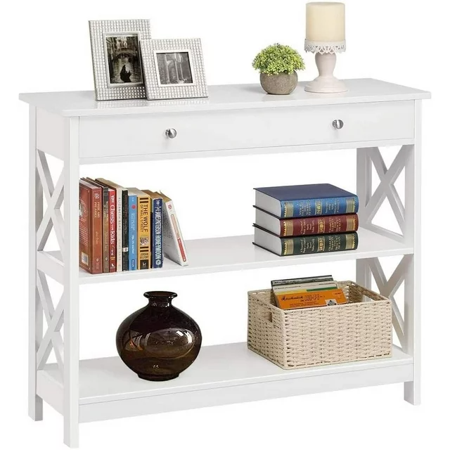 Console table hallway entry table in office setting with accessories