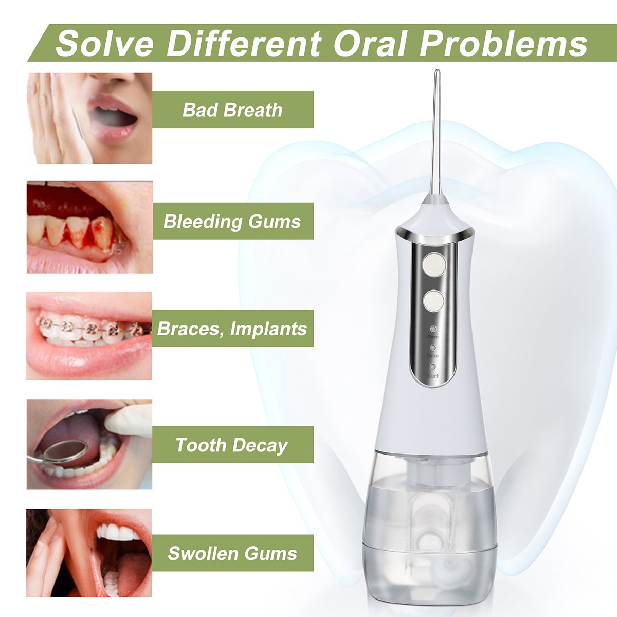 Water flosser cordless teeth cleaner highlighting pulse cleaning modes