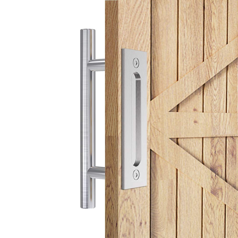 Barn door handle installed on garden gate in silver iron