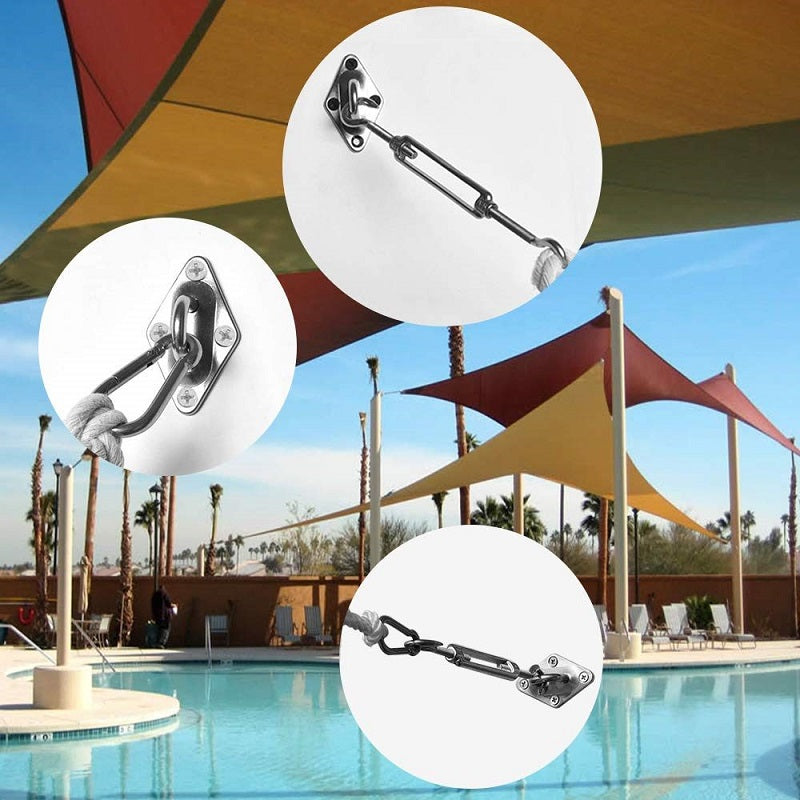 Sun shade sail hardware kit laid out showing all 24 pieces