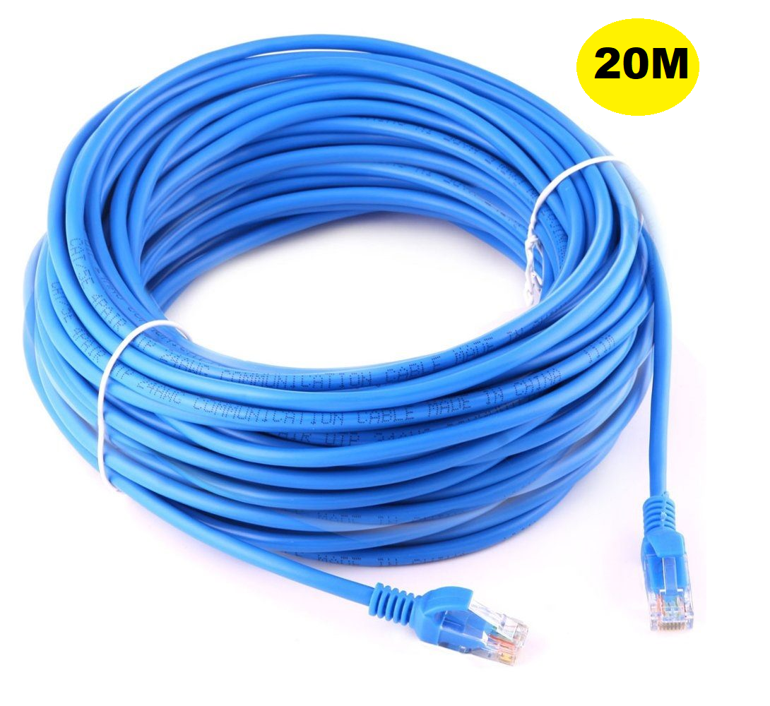 Side angle of 20 metre Ethernet cable showing cable thickness