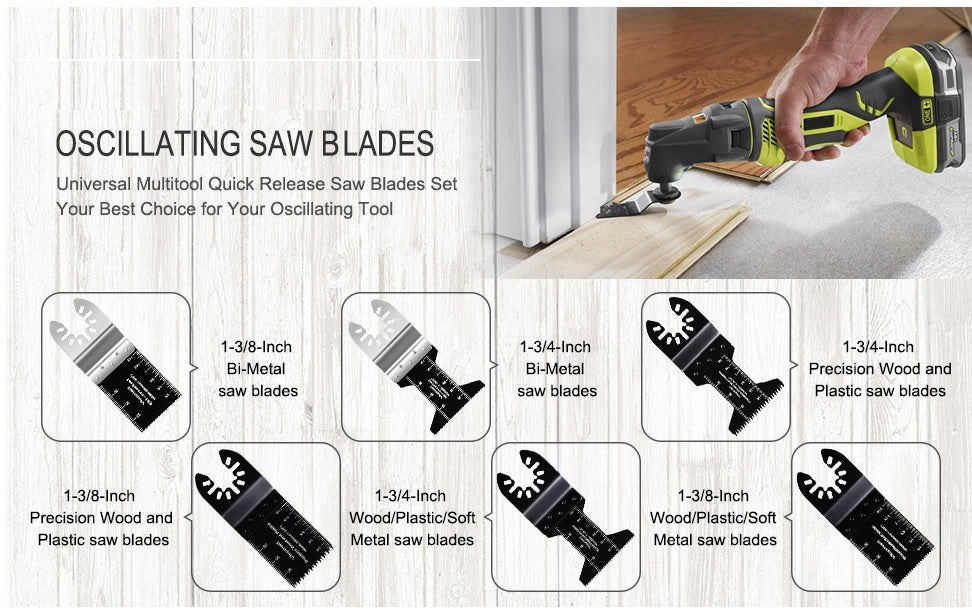 Oscillating saw blades displayed with compatible tool brands listed