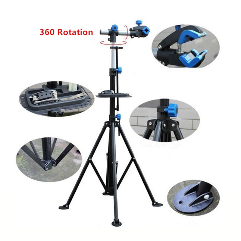 Bike repair stand in use with bicycle mounted for repair