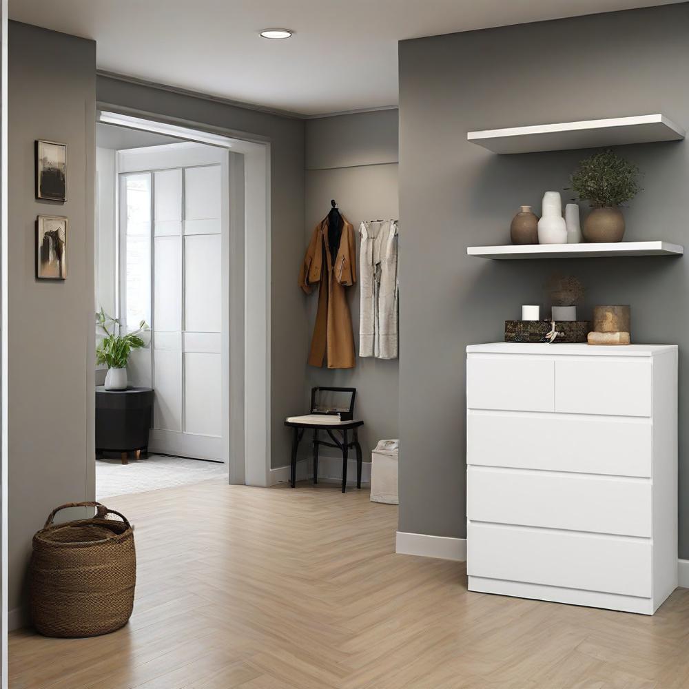 5 Drawer Tallboy in bedroom setting with clothes inside