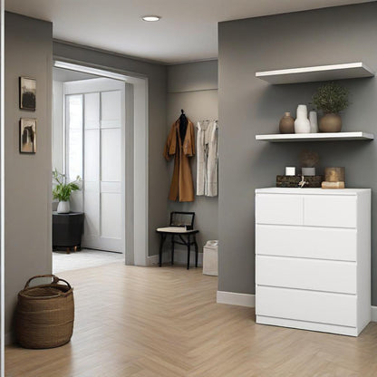 5 Drawer Tallboy in bedroom setting with clothes inside