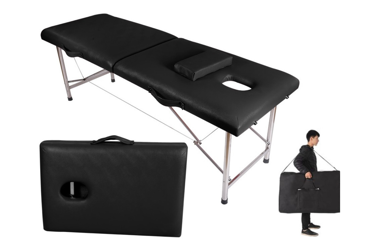 Side view of portable massage table with stainless steel frame