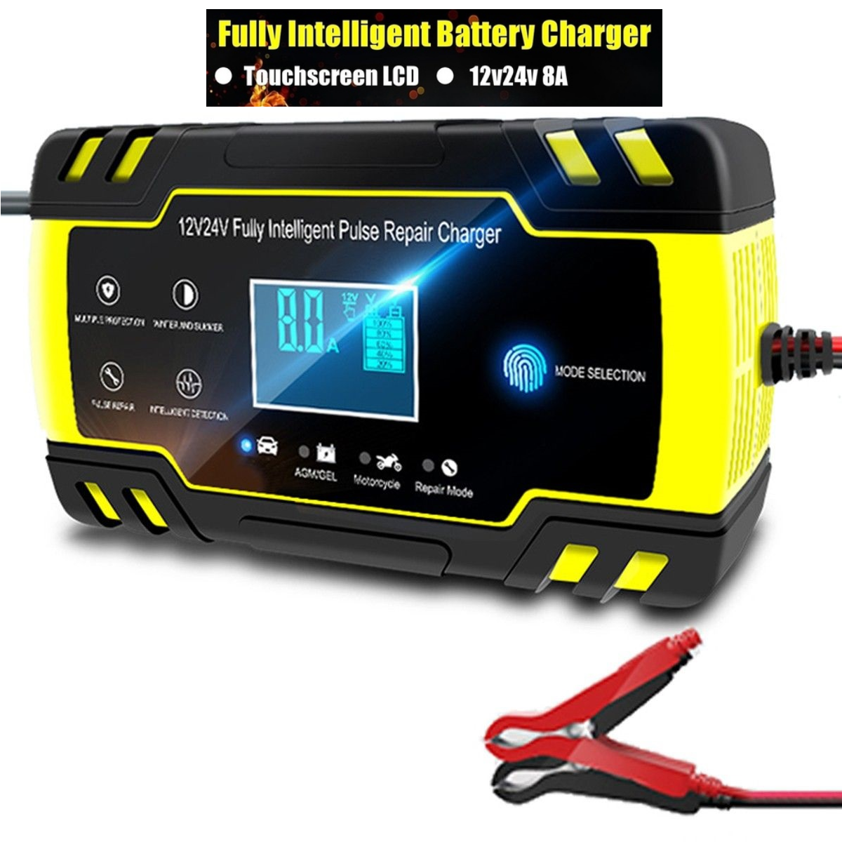 Close-up of car battery charger automatic LED indicators