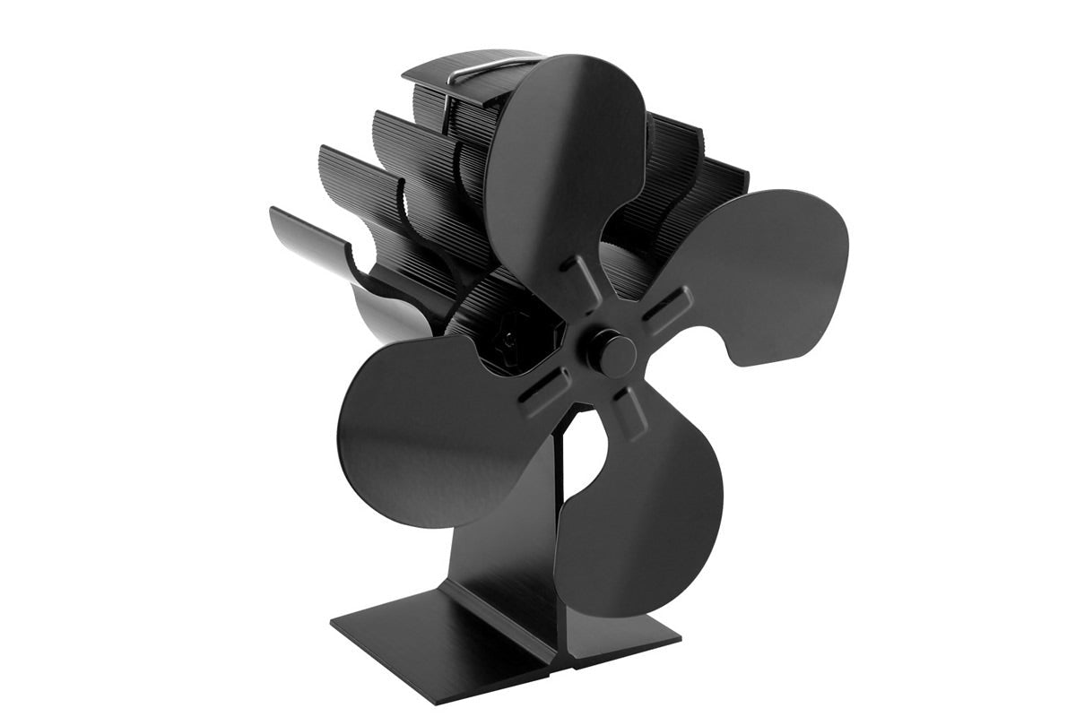 Close up of stove fan four blade design in black