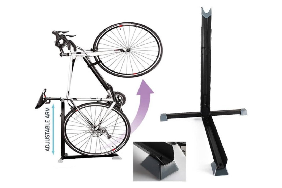 Side view of bike stand with adjustable height settings