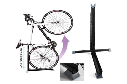 Side view of bike stand with adjustable height settings