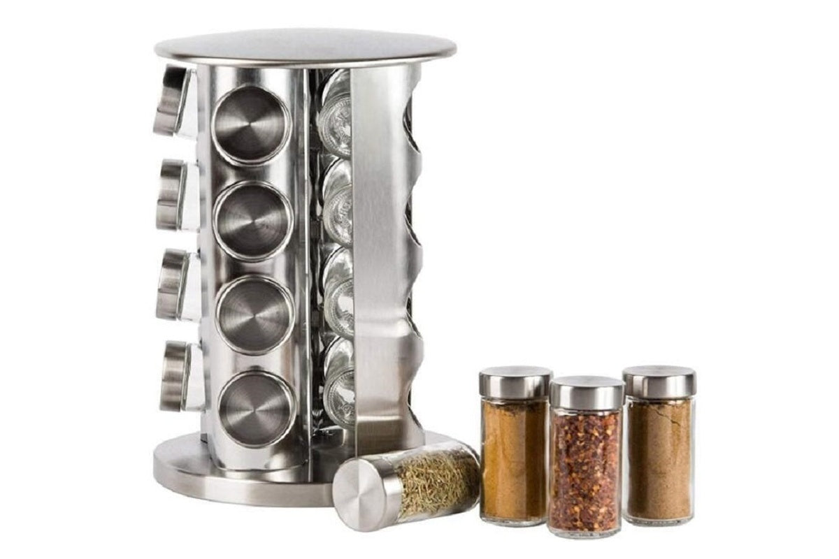 Rotating spice rack showing copper chrome finish and jar lids