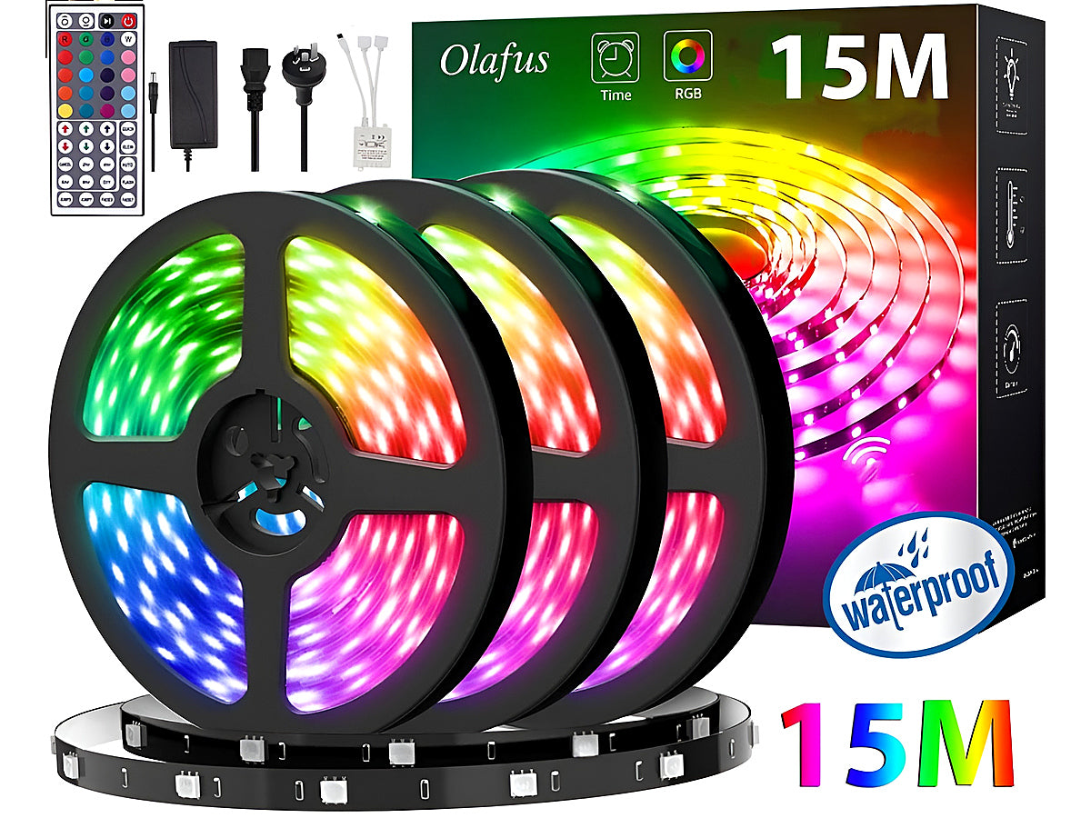 Flexible LED strip light rolled out on wooden surface