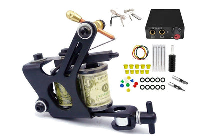 Close up of black tattoo machine needle nozzle in the kit