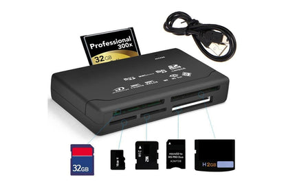 Mini 26-in-1 SD card reader side angle showing USB cable