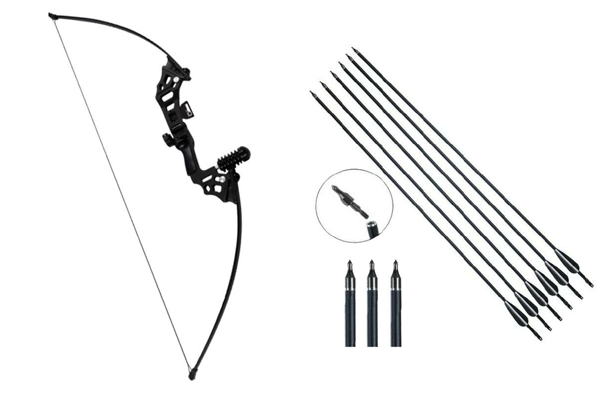 Close up of archery bow with arrows fibreglass limbs detail