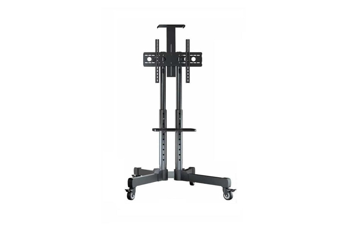 Side angle of TV stand with wheels and adjustable height