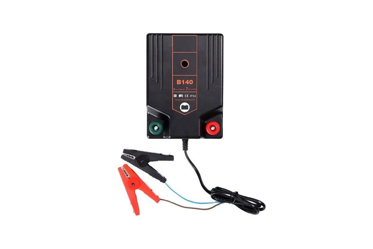 Side angle of electric fence energiser 22KM highlighting weatherproof casing