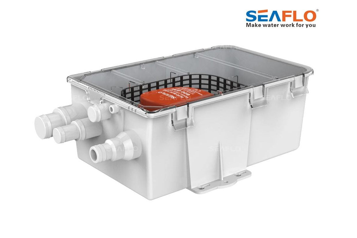 Side angle of Seaflo shower sump pump showing outlet