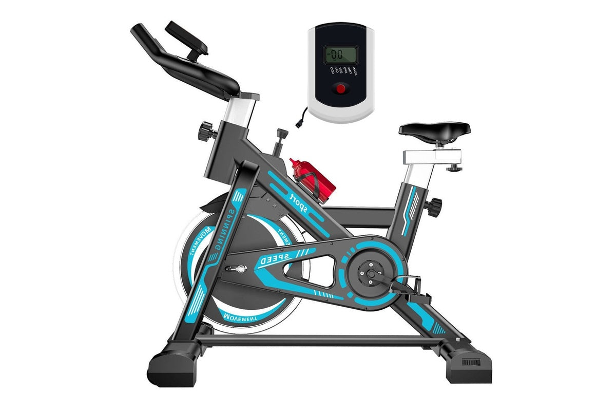 Close up of exercise bike spinning bike multi-grip handlebar in blue