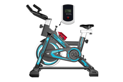 Close up of exercise bike spinning bike multi-grip handlebar in blue